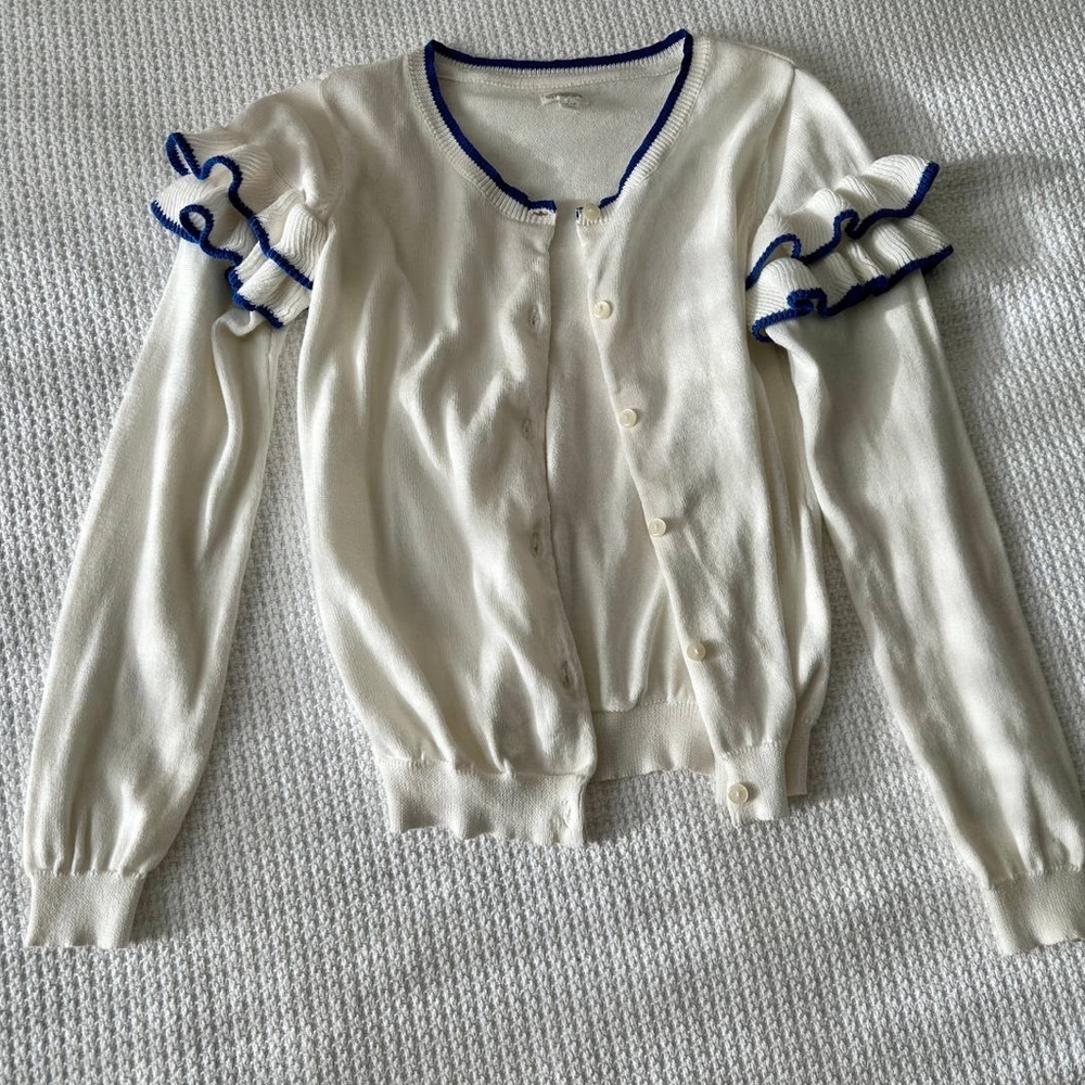 Gymboree Girls Ruffle Sleeve Cardigan with Blue Trim (size:10/12)